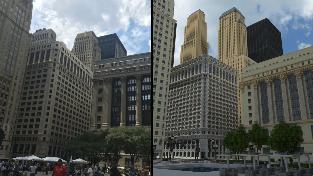 Minecraft replica of a photo of downtown Chicago 