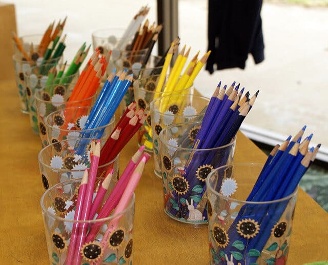 Montessori materials and colored pencils