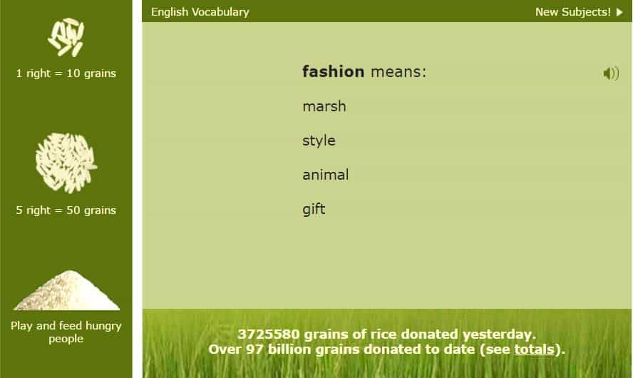 A screenshot of the free rice website vocabulary activity