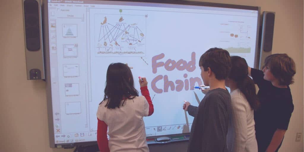 Four children using an Interactive Display SMART board