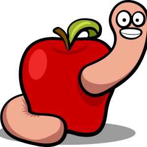 A cartoon worm eating through an apple