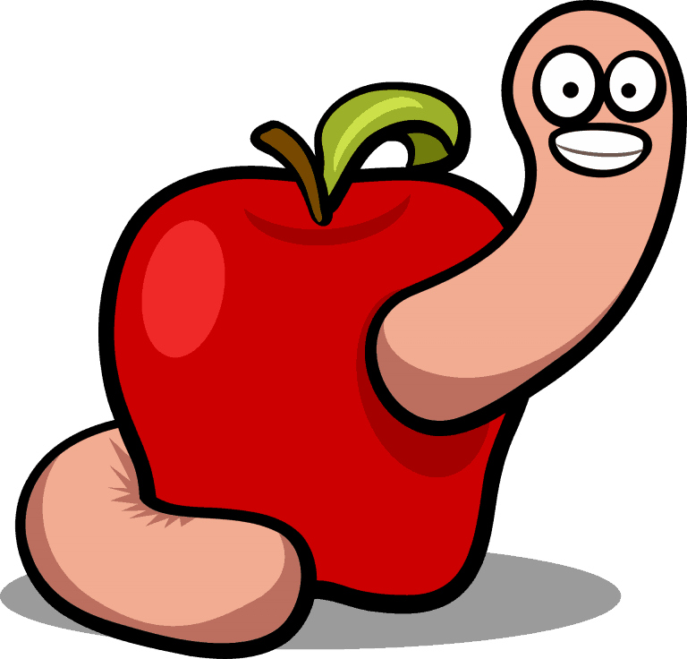 A cartoon worm eating through an apple