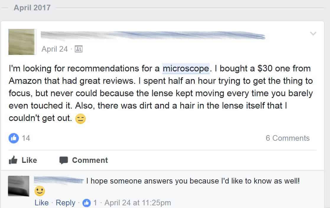 Facebook conversation about microscopes for kids